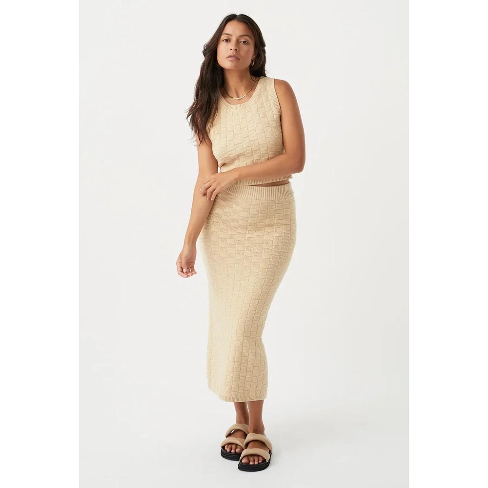 ARCAA Knit Maxi Skirt Womens Medium Tan Basketweave Organic Cotton Slit Pull on